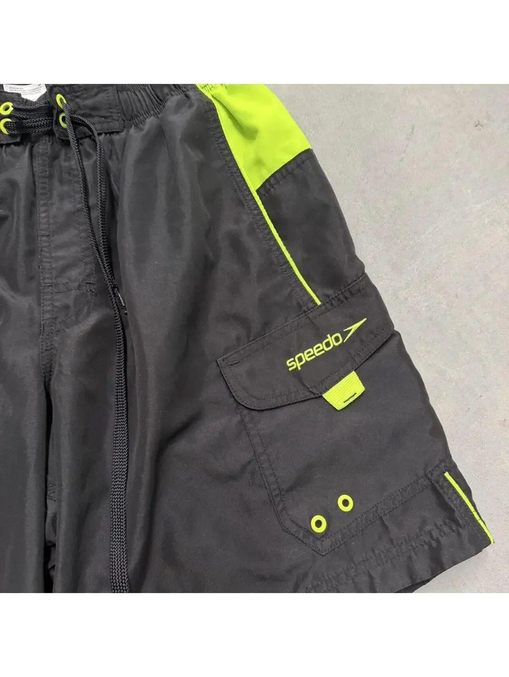 Y2K Men's Speedo Branded Swim Shorts Black and Neon Sized Small